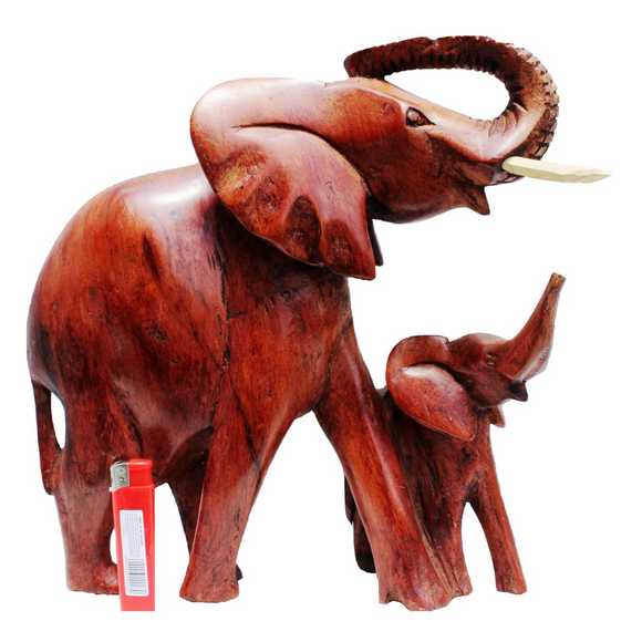 Handcarved Mahogany Elephant & Baby Wooden African Curio