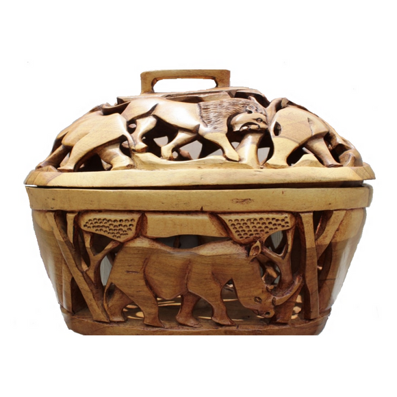 Handcarved Big 5 Kiaat Wooden Basket with Lid